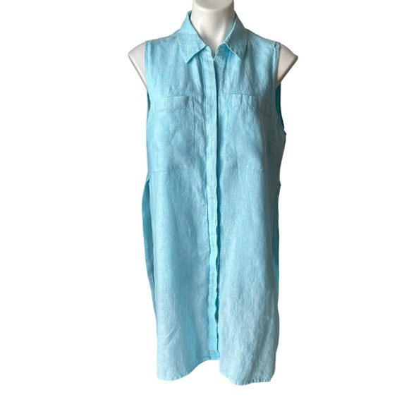 CHICO'S Sleeveless Side Slit Blue Aqua Linen Tunic, Sz L/12 - Picture 8 of 15